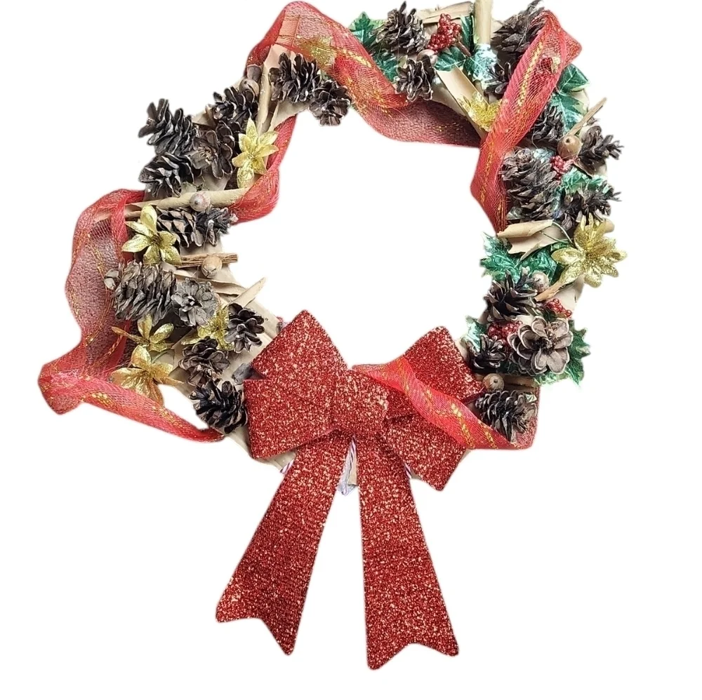 Christmas Cinnamon Acorn Pincone Red Glitter Berry Gold Flower Birch Wreath